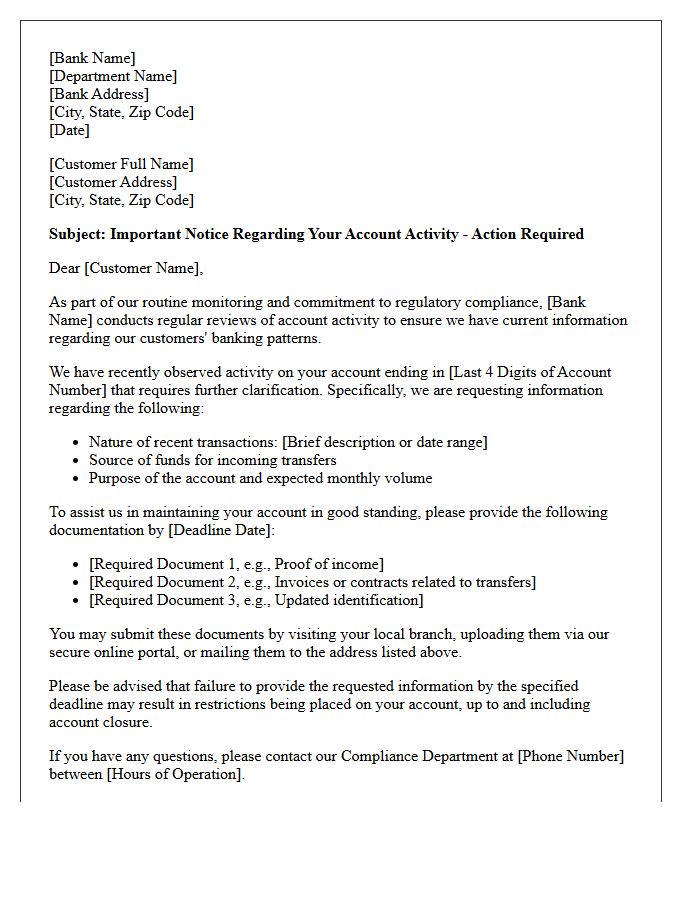 Compliance Letter for Unusual Banking Account Activity