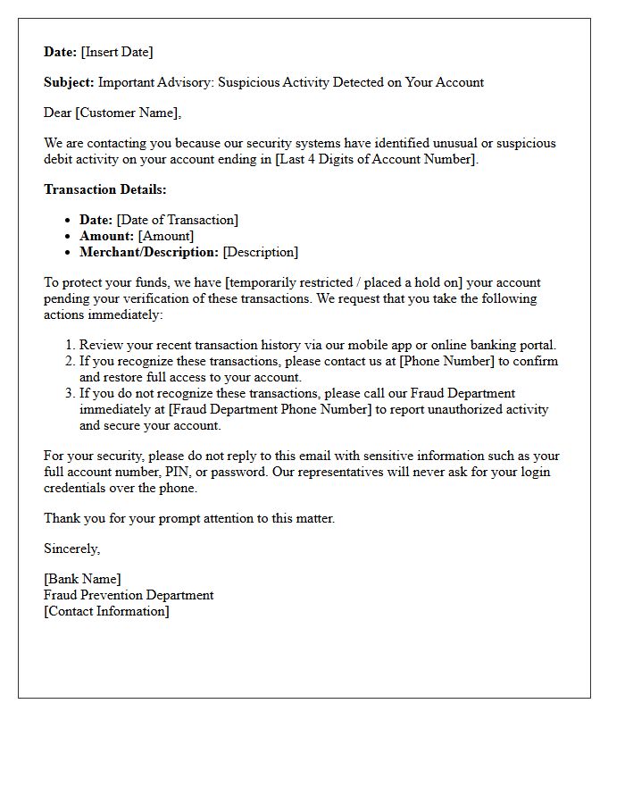 Customer Advisory Letter on Suspicious Debit Account Behavior