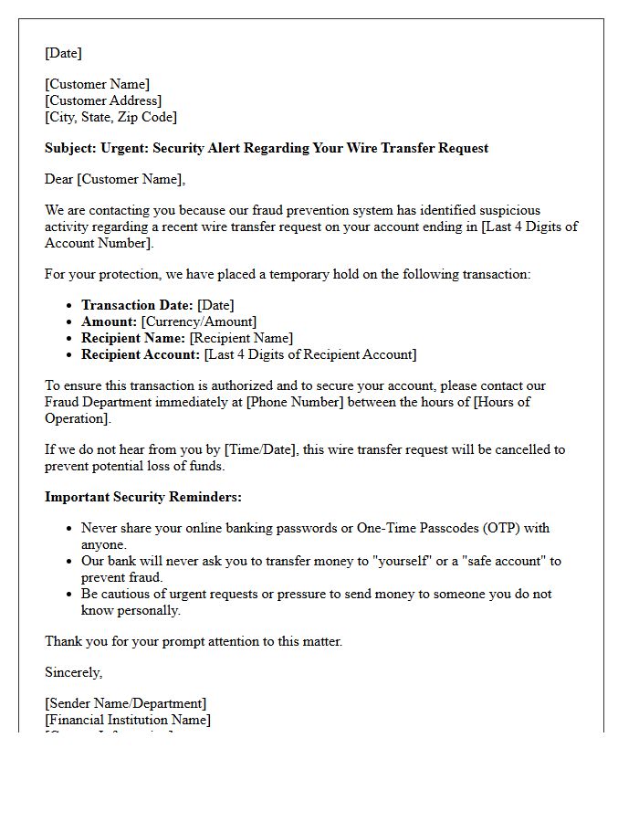 Fraud Prevention Letter for Suspicious Wire Transfer Activity