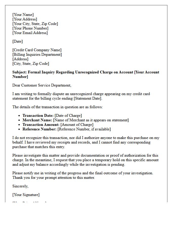 Letter of Inquiry Regarding Unrecognized Credit Card Charges