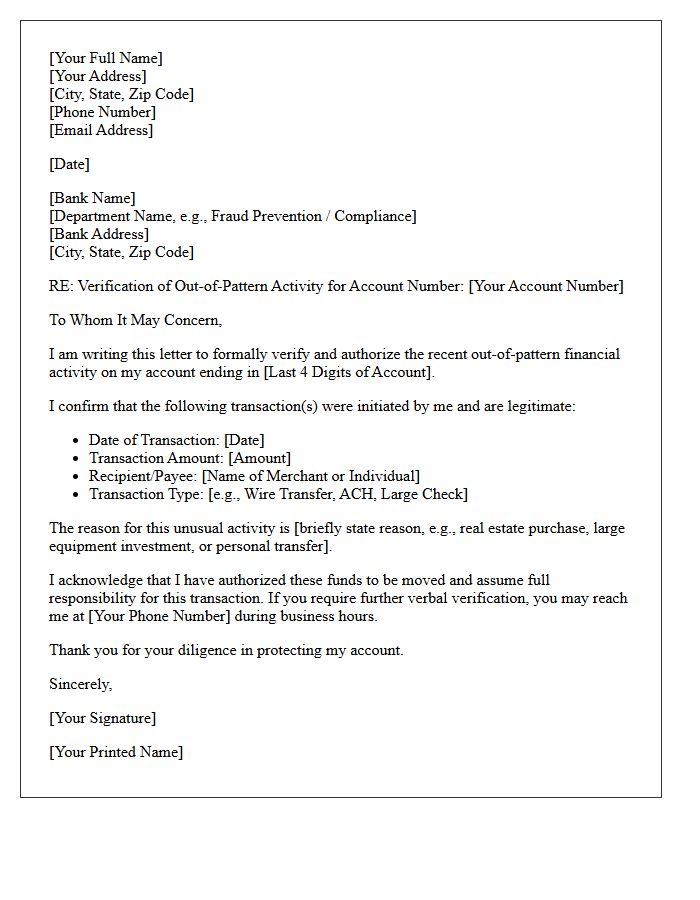 Letter of Verification for Out-of-Pattern Banking Activity