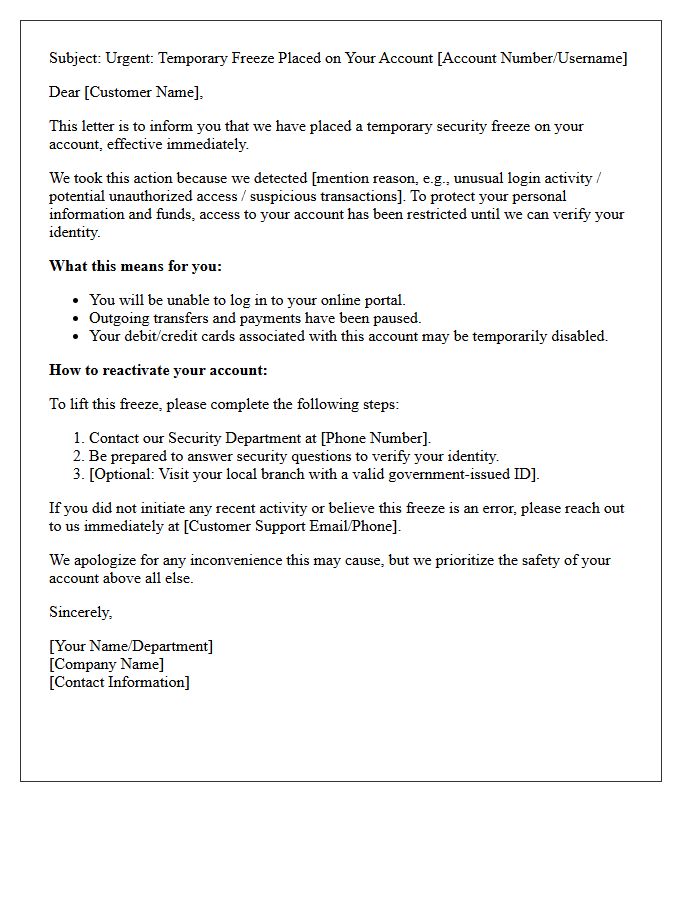 Notification Letter of Temporary Account Freeze for Security Purposes