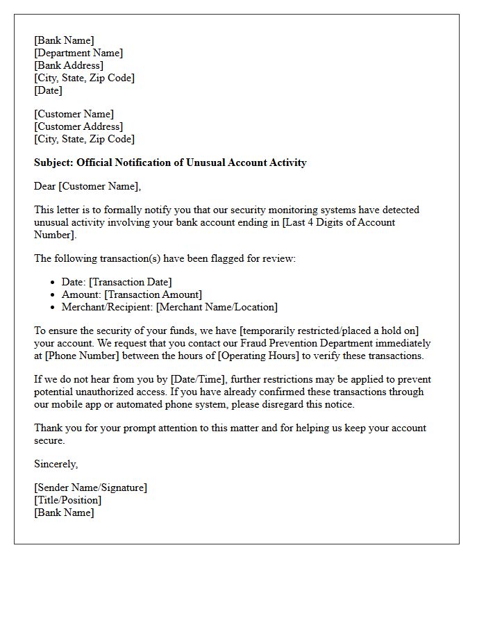 Official Letter of Notification for Unusual Banking Transactions