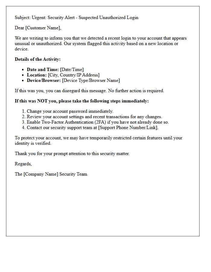 Account Security Letter Addressing Suspected Unauthorized Login