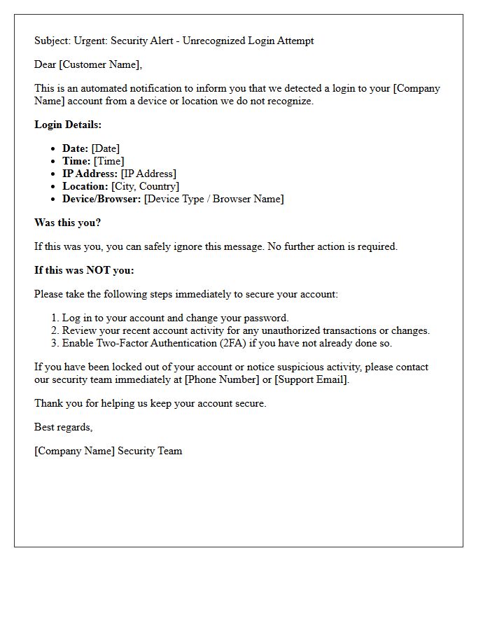 Fraud Prevention Letter Detailing Unrecognized Login Attempt