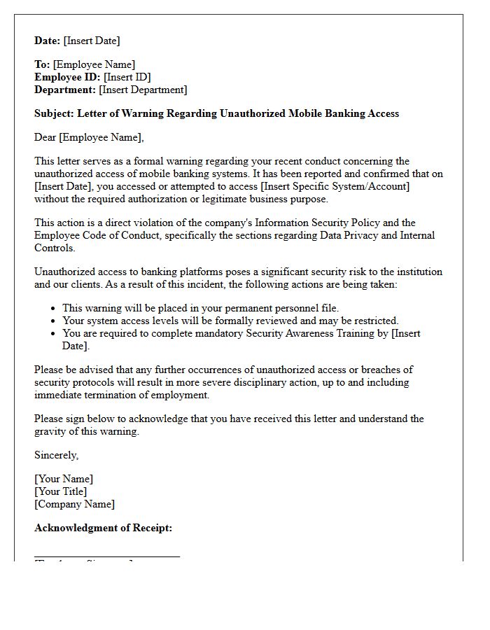 Letter of Warning Regarding Unauthorized Mobile Banking Access