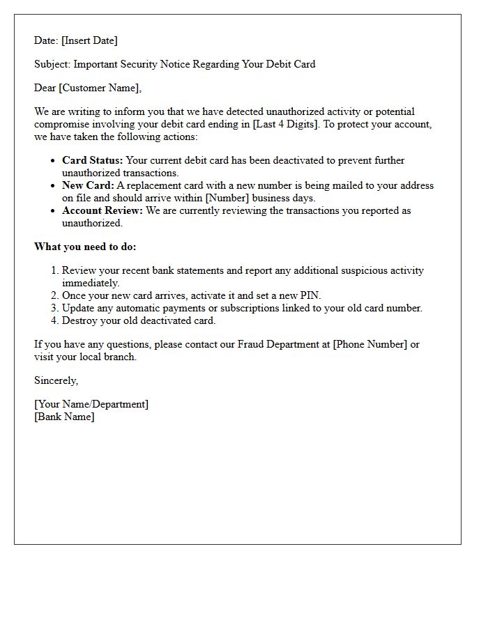 Account Security Letter for Compromised Debit Card