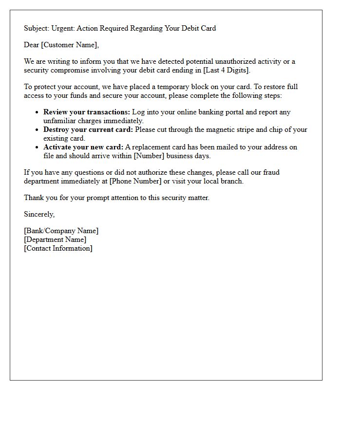 Action Required Letter for Compromised Debit Card