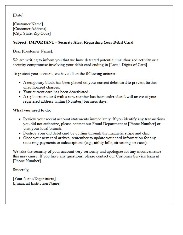 Fraud Alert and Debit Card Compromise Letter