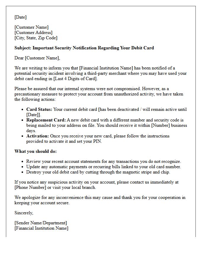 Letter Notifying Customer of Potential Debit Card Compromise