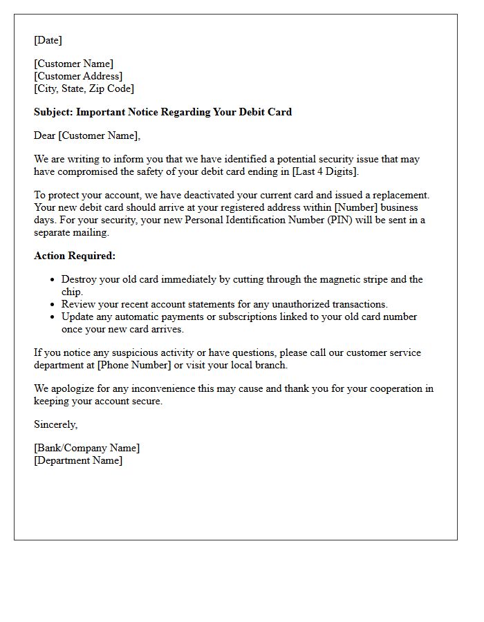 Letter of Compromised Debit Card Replacement