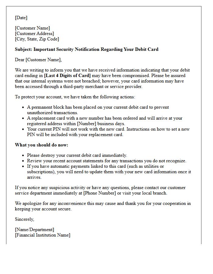 Letter of Notification for a Compromised Debit Card