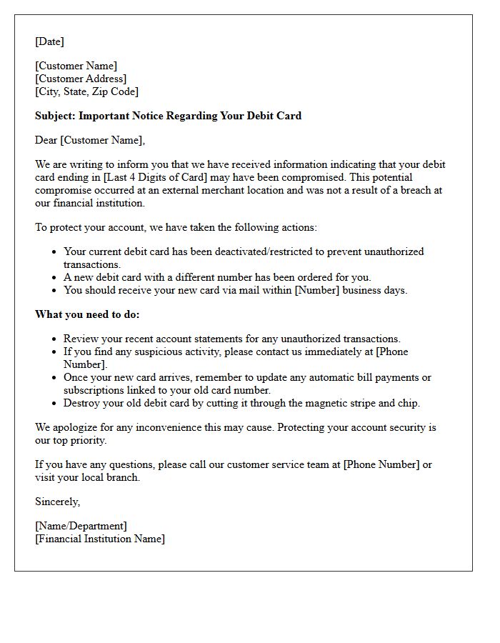 Notice of Debit Card Compromise Letter