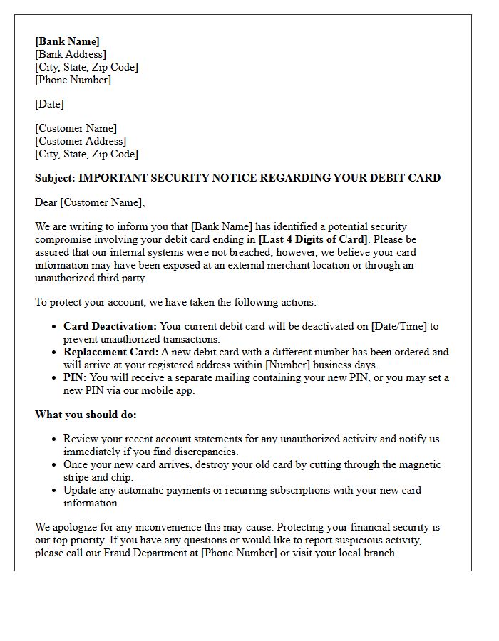 Official Bank Letter Regarding Debit Card Security Compromise