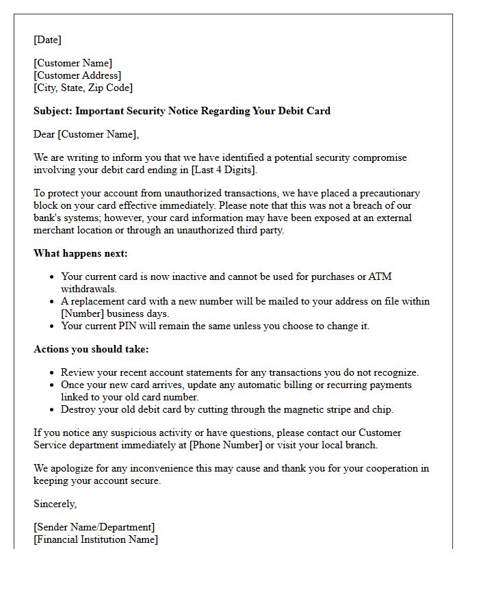 Precautionary Debit Card Block and Compromise Letter