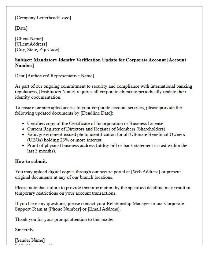 Corporate Account Mandatory Identity Update Letter