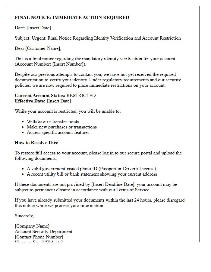 Final Notice Identity Verification and Account Restriction Letter