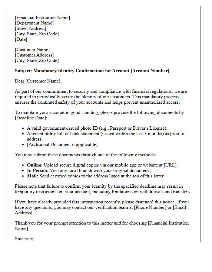 Financial Institution Mandatory Identity Confirmation Letter
