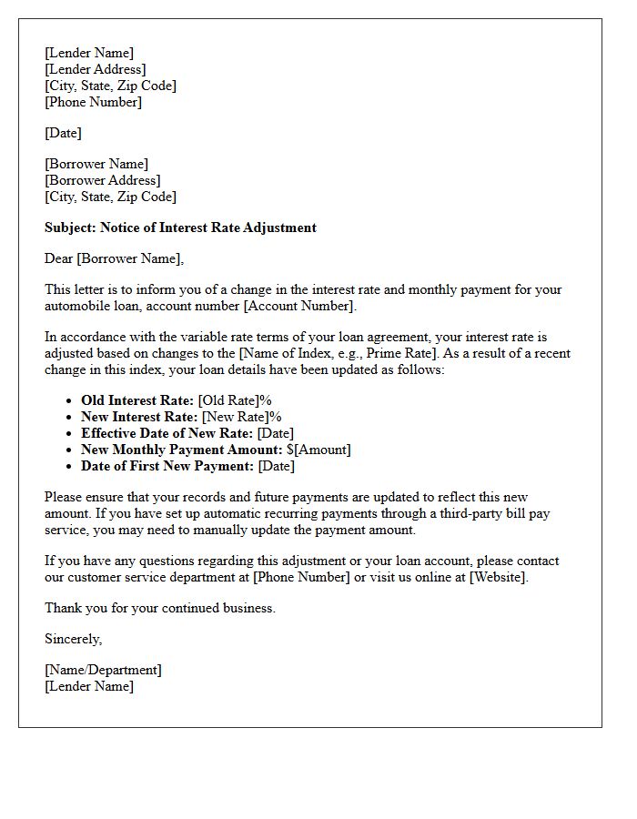Automobile Loan Variable Rate Adjustment Letter