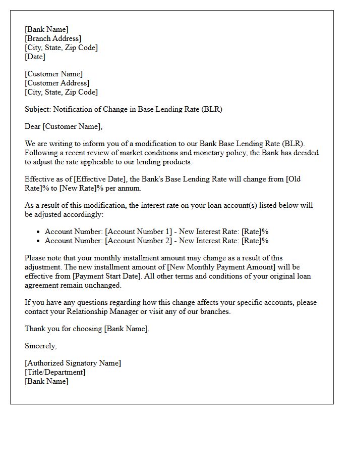 Bank Base Lending Rate Modification Letter