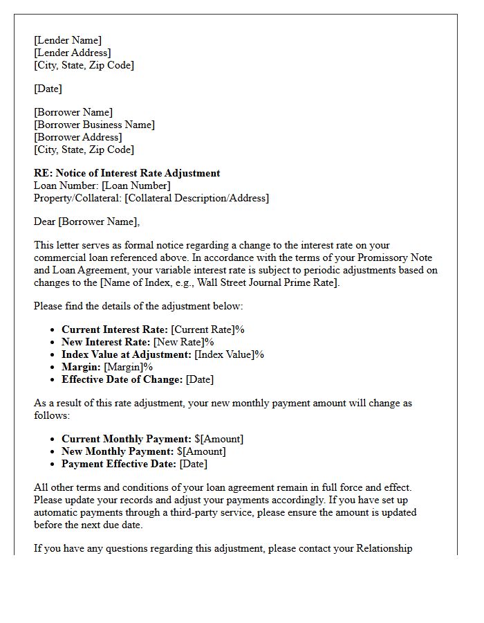 Commercial Loan Variable Rate Adjustment Letter