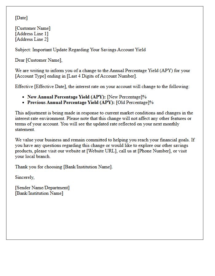 Savings Account Yield Adjustment Notification Letter