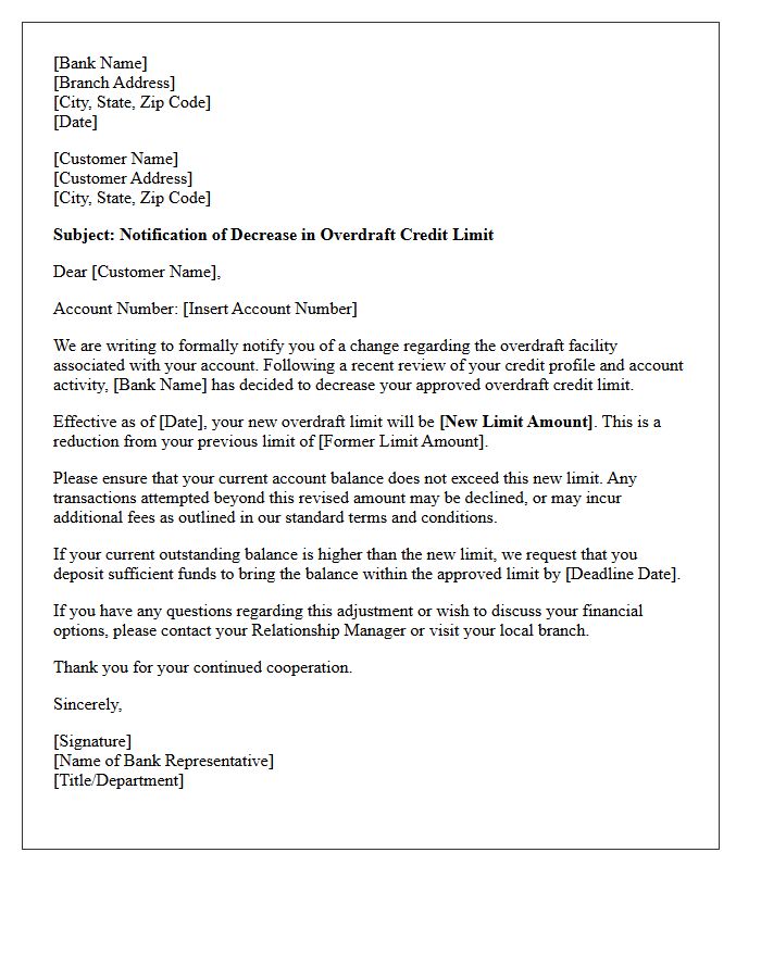 Formal Letter of Decrease in Approved Overdraft Credit Limit