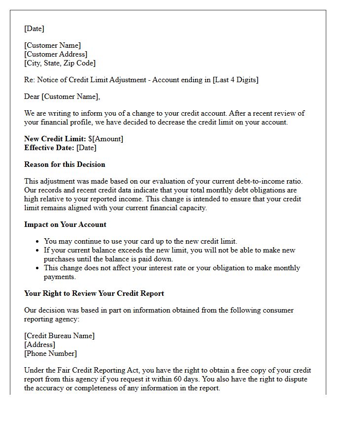 Letter Advising of Credit Limit Decrease Due to High Debt-to-Income Ratio