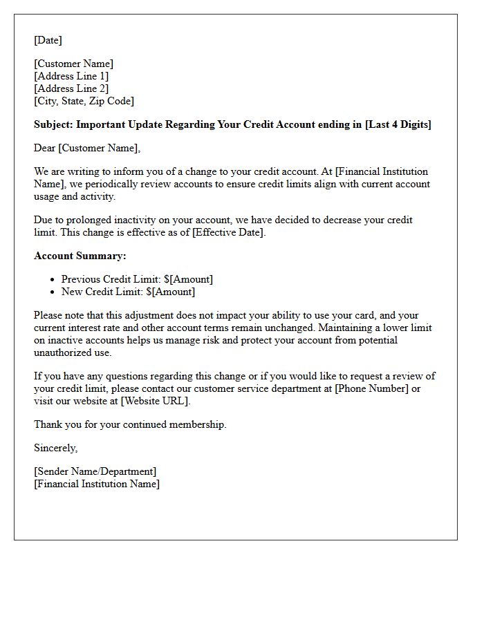 Letter of Notification for Credit Limit Decrease Due to Account Inactivity