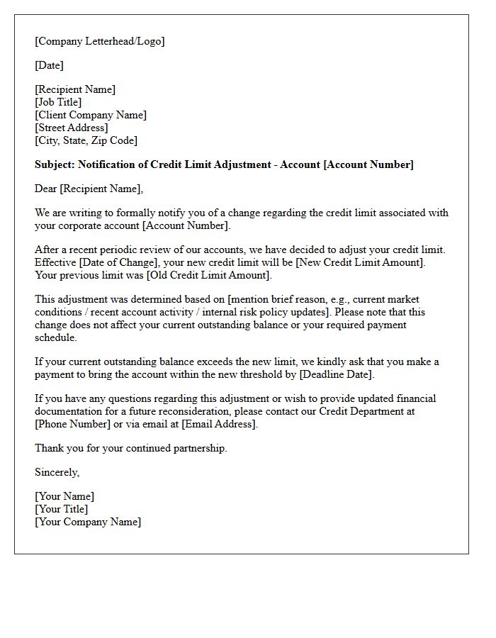 Letter of Notification Regarding Corporate Account Credit Limit Decrease