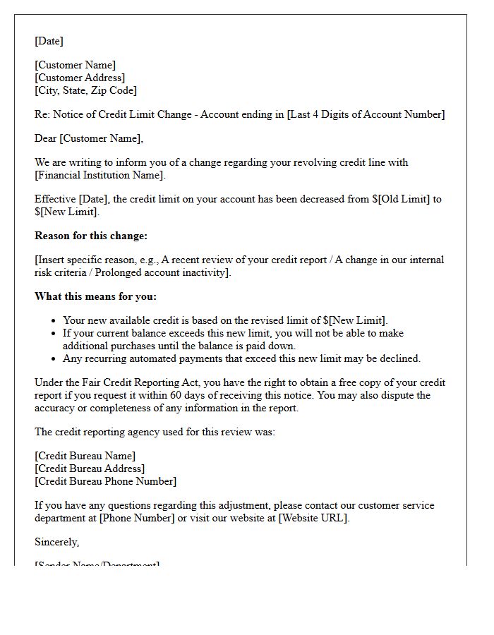 Letter Outlining the Decrease in Your Revolving Credit Line Limit