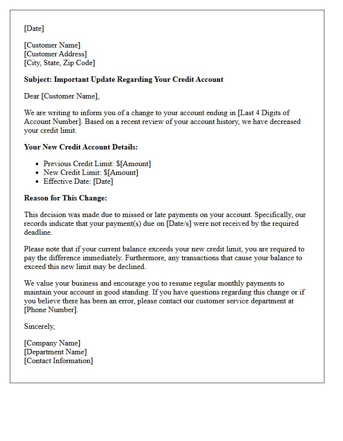 Notification Letter for Credit Limit Decrease Due to Missed Payments