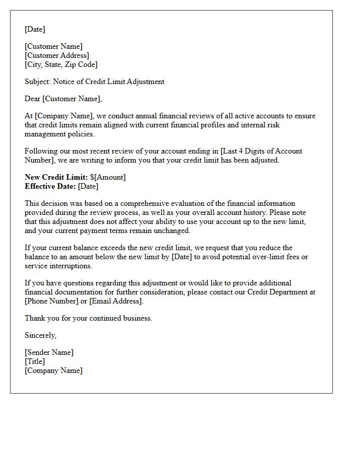 Standard Letter for Credit Limit Decrease Following Annual Financial Review