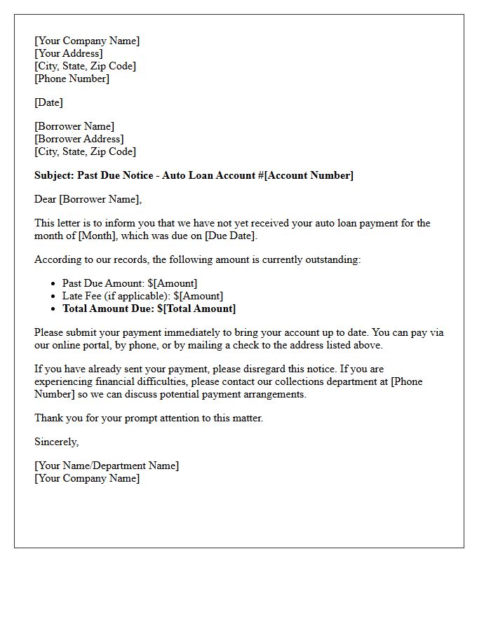 Auto Loan Missed Payment Reminder Letter