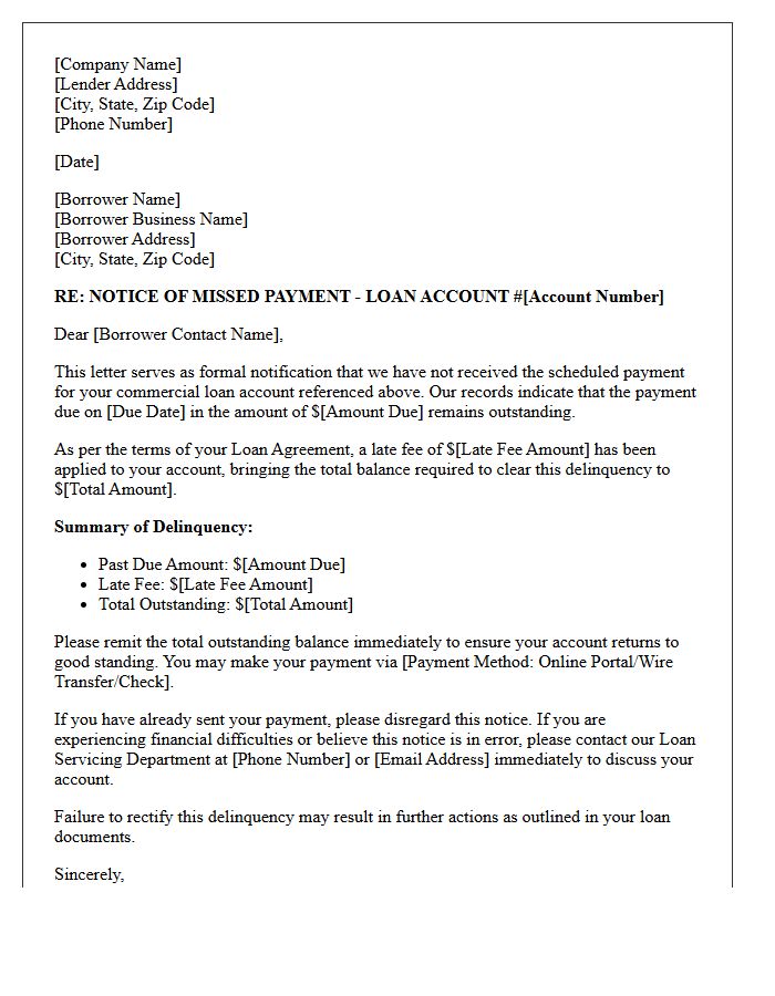 Commercial Loan Missed Payment Notice Letter