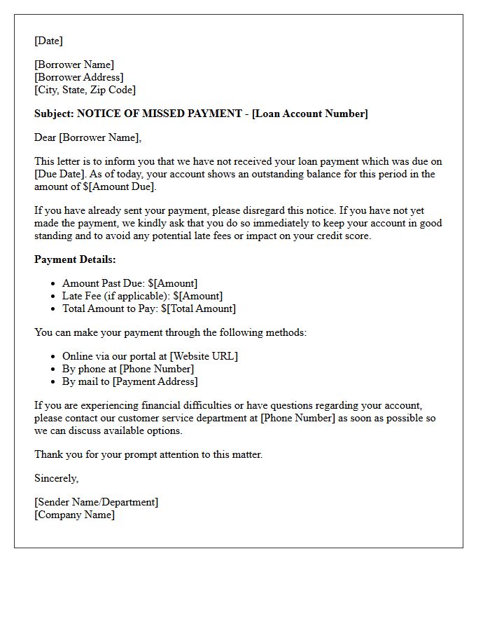 First Missed Loan Payment Notification Letter