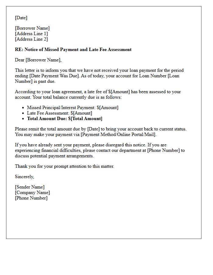 Missed Loan Payment and Late Fee Assessment Letter