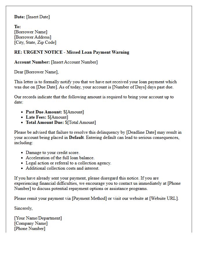 Pre-Default Missed Loan Payment Warning Letter