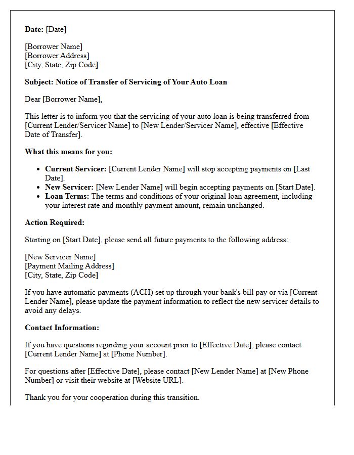 Auto Loan Servicing Transfer Notification Letter