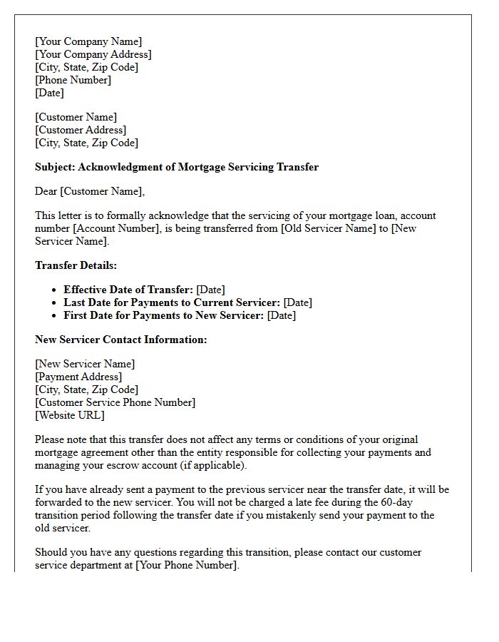Servicing Transfer Acknowledgment Letter