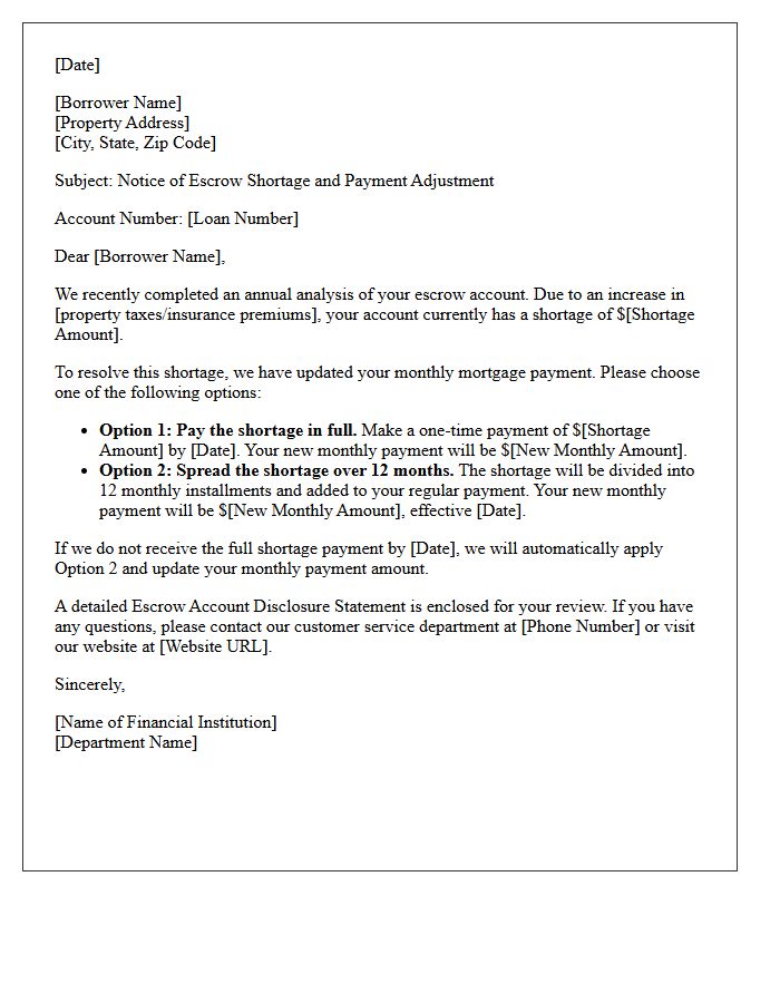 Adjusted Monthly Payment Escrow Shortage Letter