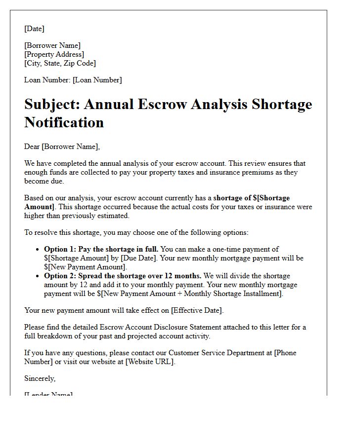 Annual Escrow Analysis Shortage Notification Letter