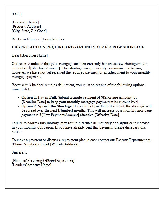 Delinquent Escrow Shortage Action Required Letter
