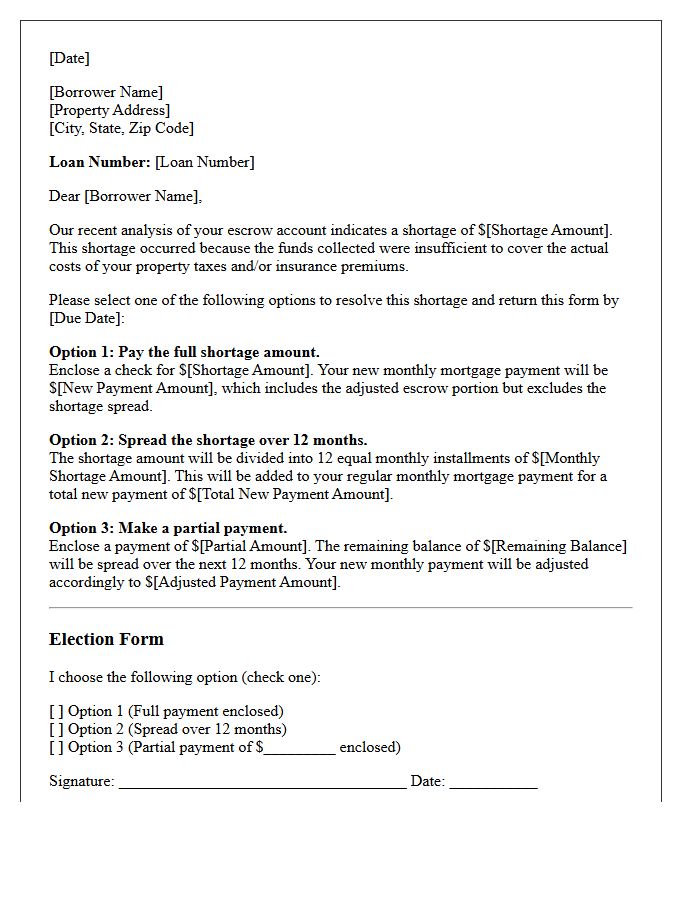 Escrow Shortage Payment Option Election Letter