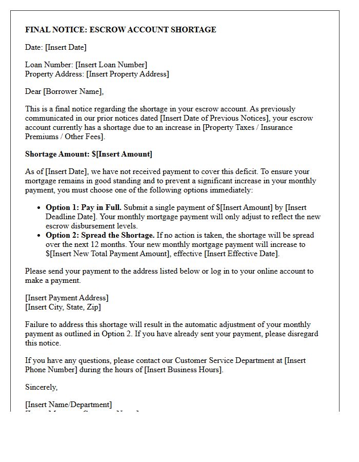 Final Notice of Escrow Account Shortage Letter
