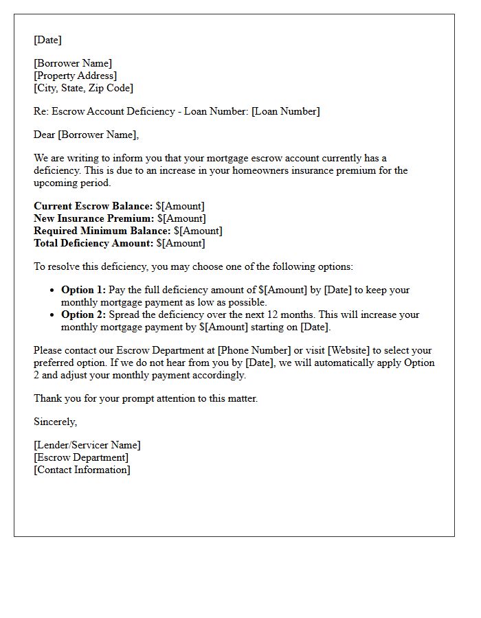 Homeowners Insurance Escrow Deficiency Notice Letter