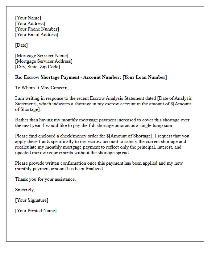 Lump Sum Escrow Shortage Payment Request Letter