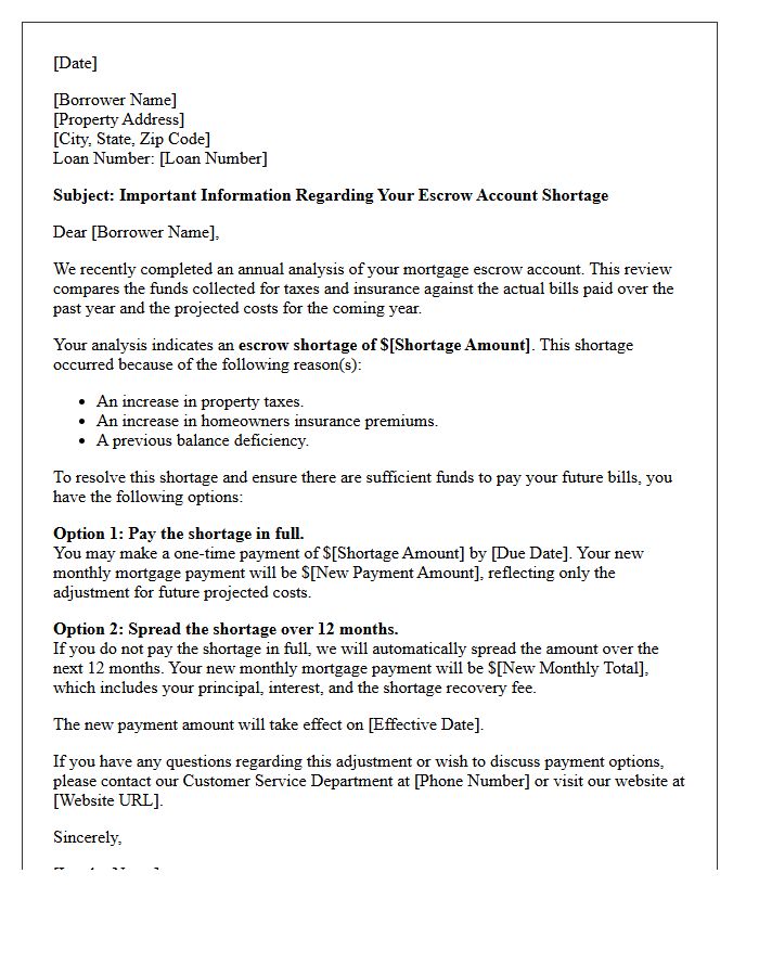 Mortgage Escrow Shortage Explanation Letter