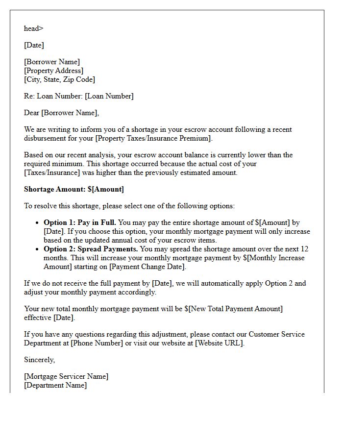 Post-Disbursement Escrow Account Shortage Letter