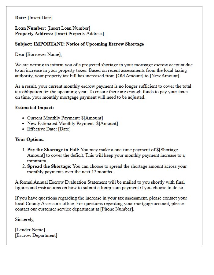 Property Tax Escrow Shortage Warning Letter